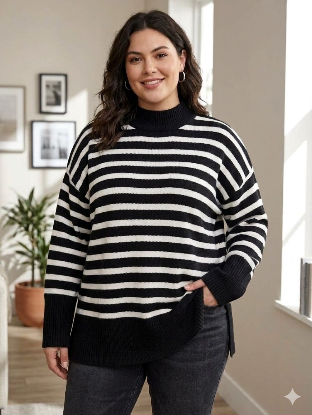 Jones New York Black and White Striped Crewneck Sweater